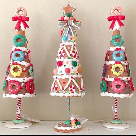 Set of 3 Peppermint Square Trees Christmas Candy Gingerbread  Decor - Picture 1 of 1